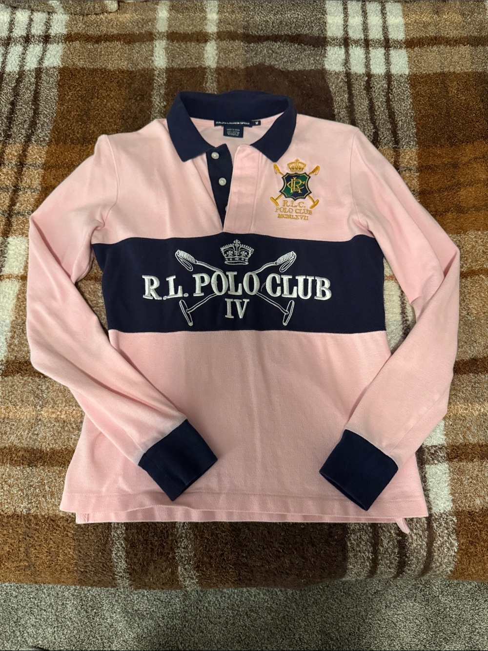 Ralph Lauren Pink & Navy Long-Sleeve Rugby Polo with Crest
